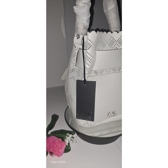 NWT! Zac Posen Brigete Leather Buckle Pocket Perforated Lace Bag Dove MSRP: $398 - Picture 5 of 9